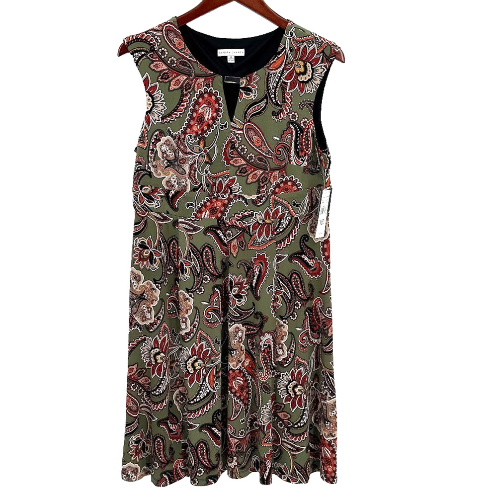 Sandra Darren Women's M Paisley Sleeveless Fit Flare Dress Olive NWT $92